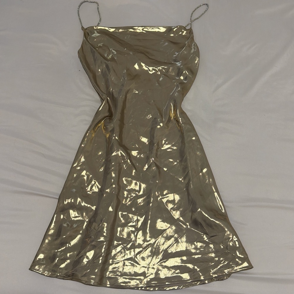 Zara Metallic Gold Mini Slip Dress with Chain Straps